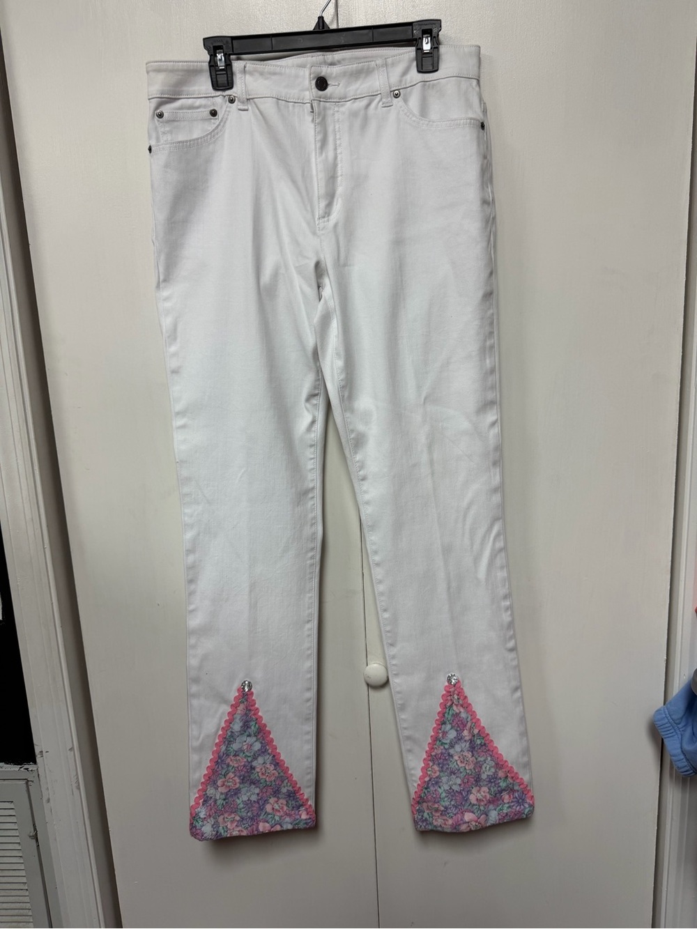 Custom upcycled Lauren Ralph Lauren White Wide-Leg Jeans with Pink Floral Inset